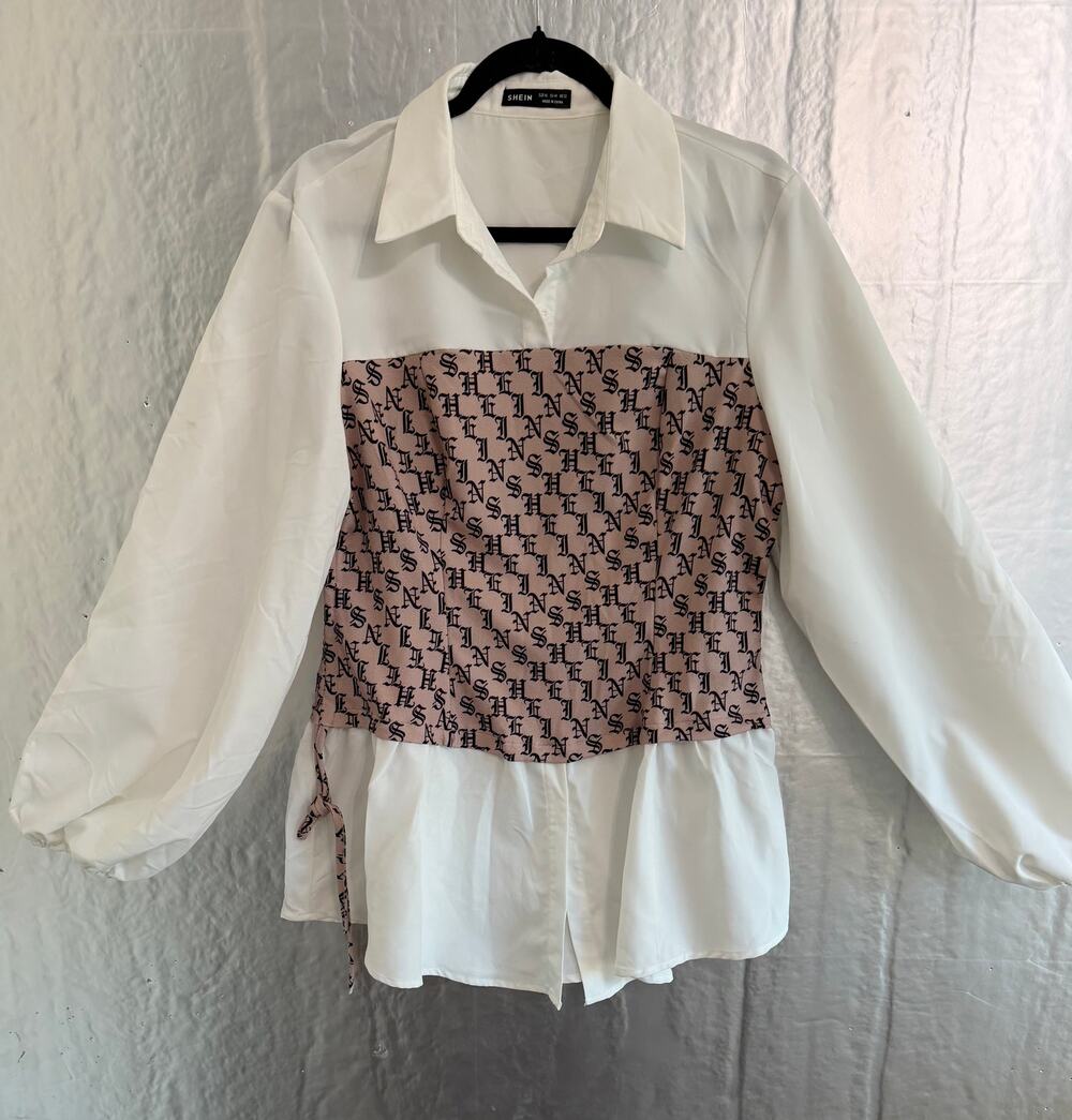 SHEIN XL White Beige Gothic Letter Print Corset Style Blouse